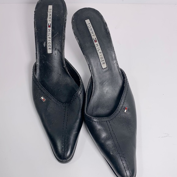 Tommy Hilfiger Black Leather Pointed Toe Mule